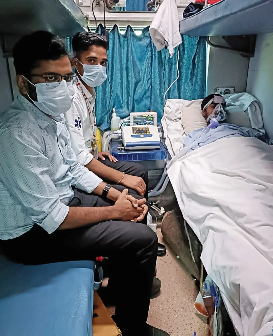 Patient being transported in train ambulance