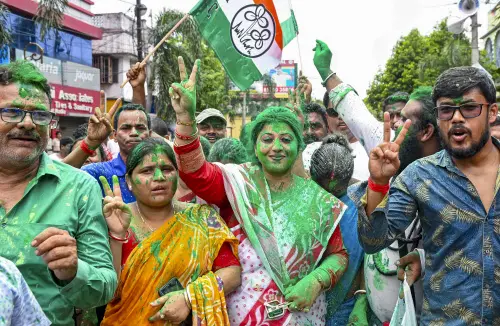 Supporters of Trinamool Congress (TMC) candidate from Ranaghat South Assembly constituency Mukut Mani Adhikari celebrate after he won the West Bengal Assembly by-elections, in Nadia district | Photo: PTI