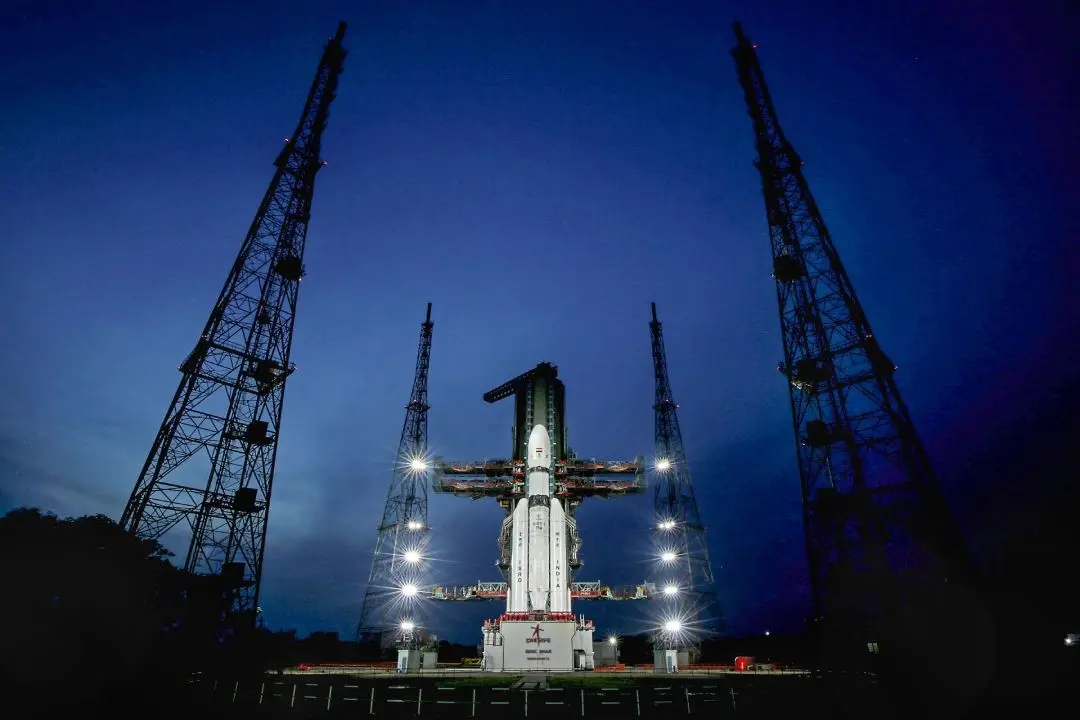 Launch Vehicle Mark-III (LVM3) M4 vehicle with Chandrayaan-3 at the launch pad at Satish Dhawan Space Centre | Photo: PTI