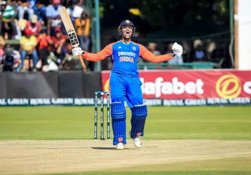 India's Abhishek Sharma celebrates his century during the second T20I match against Zimbabwe, at Harare Sports Club in Harare on Sunday. (ANI Photo)