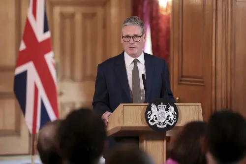 British Prime Minister Keir Starmer delivers a speech following his first cabinet meeting as Prime Minister, in London on Saturday | Photo: AP/PTI