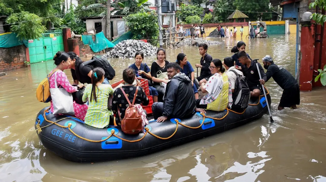 SDRF personnel rescue flood-affected people of the Rukmini Gaon in Guwahati