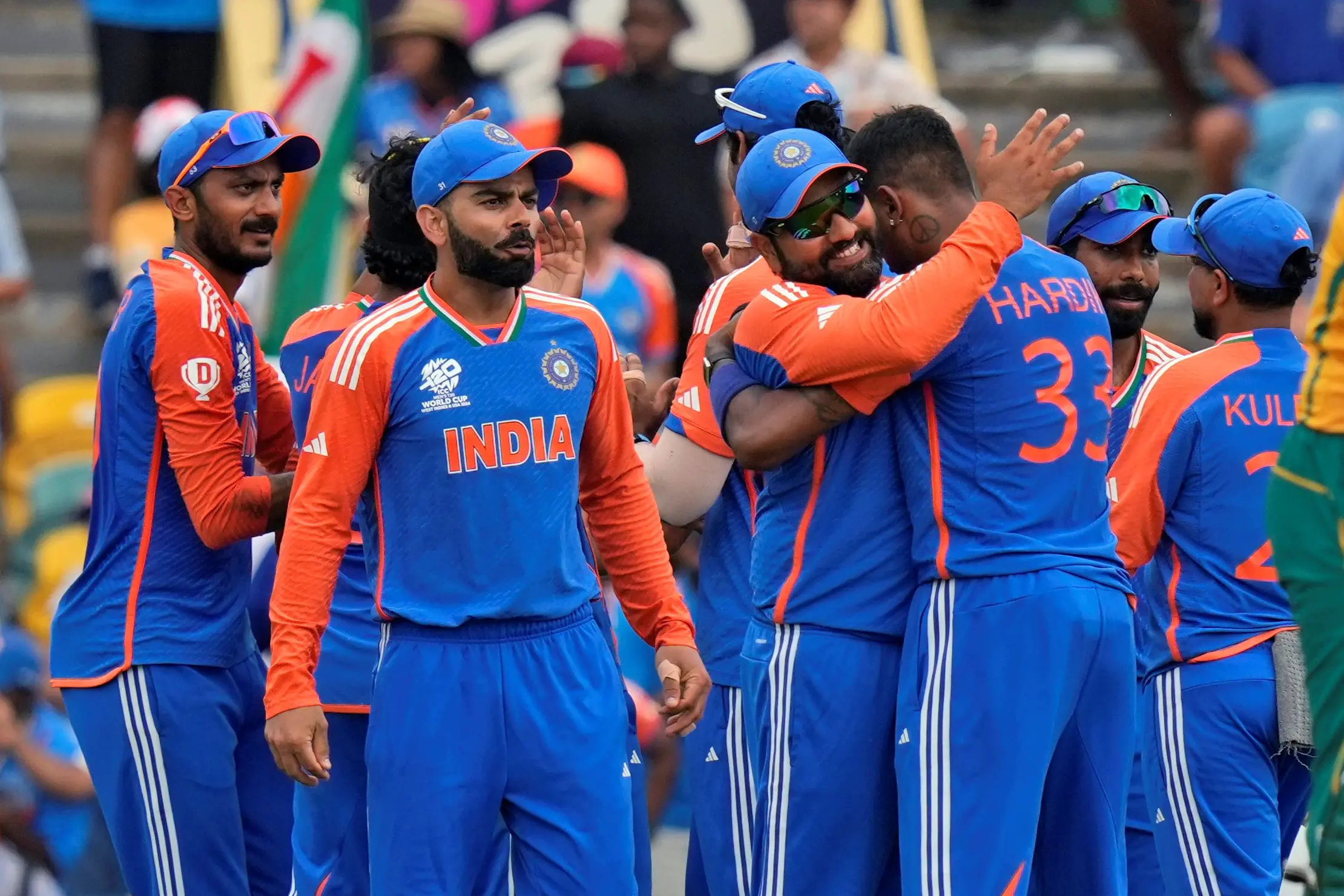 Rohit Sharma hugs teammate Hardik Pandya as they celebrate their win against South Africa | Photo: AP