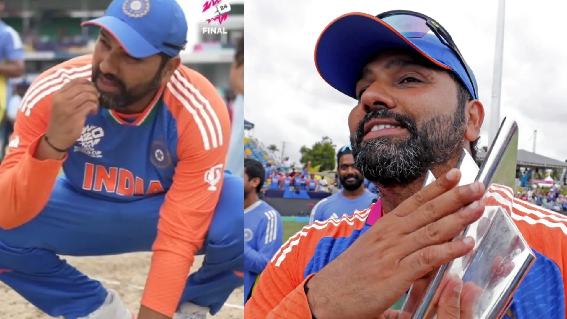 The image of Rohit Sharma eating sand, Rohit with the T20 title (ANI)