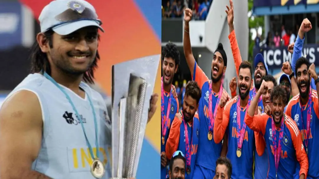 From (L) Dhoni holding the ICC T20 World Cup trophy in 2007, jubilant Indian team at Barbados in 2024 | Photo: Agencies