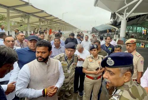 Civil Aviation Minister K Rammohan Naidu visits the Delhi airport after a portion of the roof of the Terminal-1 collapsed amid heavy rain, early Friday. | Photo: PTI