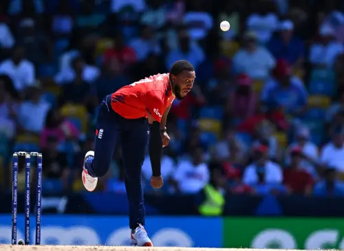 England's Chris Jordan bowls during the ICC men's Twenty20 World Cup 2024 Super Eight cricket match between USA and England at Kensington Oval in Bridgetown, Barbados. l Photo: AFP