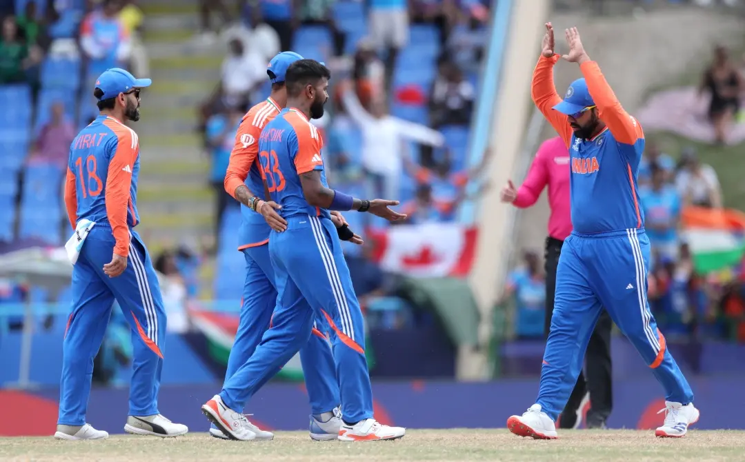 Rohit Sharma and teammates celebrate the wicket of Bangladesh's Litton Das | Photo: ANI