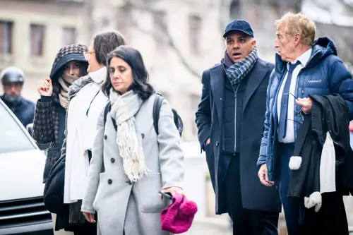 File photo of Indian-Swiss billionaire family members Namrata Hinduja (L) and Ajay Hinduja (2ndR) at the Geneva's courthouse with their lawyers Yael Hayat (C) and Robert Assael (R).