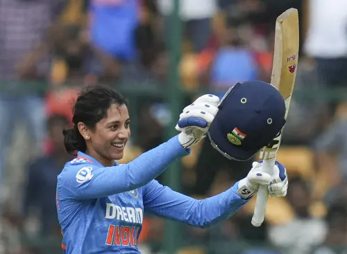 Smriti Mandhana celebrates her century during the Second ODI cricket match between India-W and South Africa-W at M Chinnaswamy Stadium, in Bengaluru, l Photo: PTI