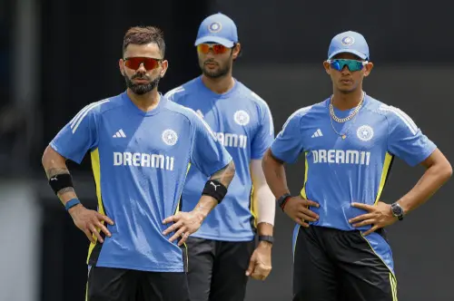 India's Virat Kohli, Yashasvi Jaiswal and Shivam Dube during a practice session ahead of an ICC Men's T20 World Cup Super 8 cricket match between India and Afghanistan, in Bridgetown, Barbados. l PTI Photo