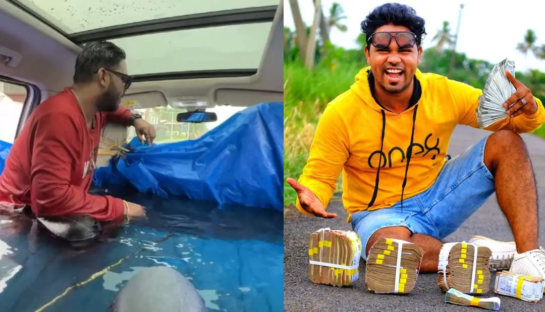 Swimming pool set up by Sanju Techy inside his car. l Photo: Facebook/ Sanju Techy