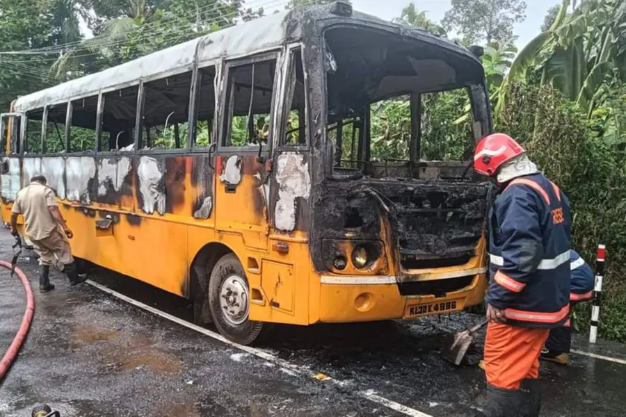 Moving school bus catches fire in Chengannur; students rescued safely