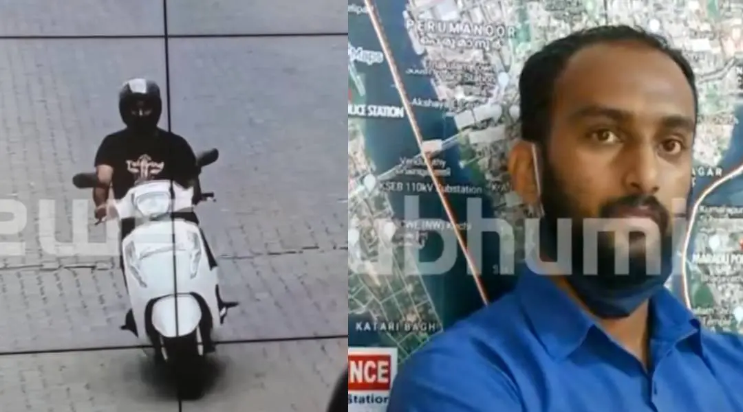 ഇമ്മാനുവല് സ്കൂട്ടറില് സഞ്ചരിക്കുന്ന സിസിടിവി ദൃശ്യം(ഇടത്ത്) ഇമ്മാനുവല് പോലീസ് കസ്റ്റഡിയില്(വലത്ത്) | Screengrab: Mathrubhumi News