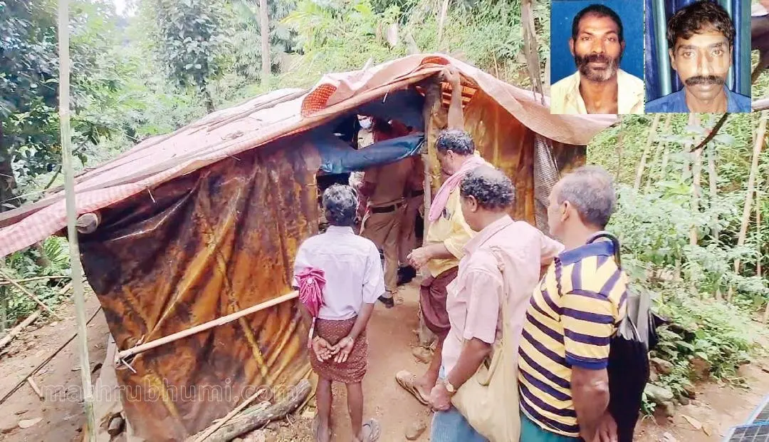 Shed where the body of Thankachan was burnt, inset 1. Thankachan, 2. Bibin