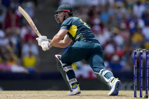 Australia's captain Mitchell Marsh plays a shot against England during an ICC Men's T20 World Cup cricket match at Kensington Oval in Bridgetown, Barbados. l Photo: AP/PTI