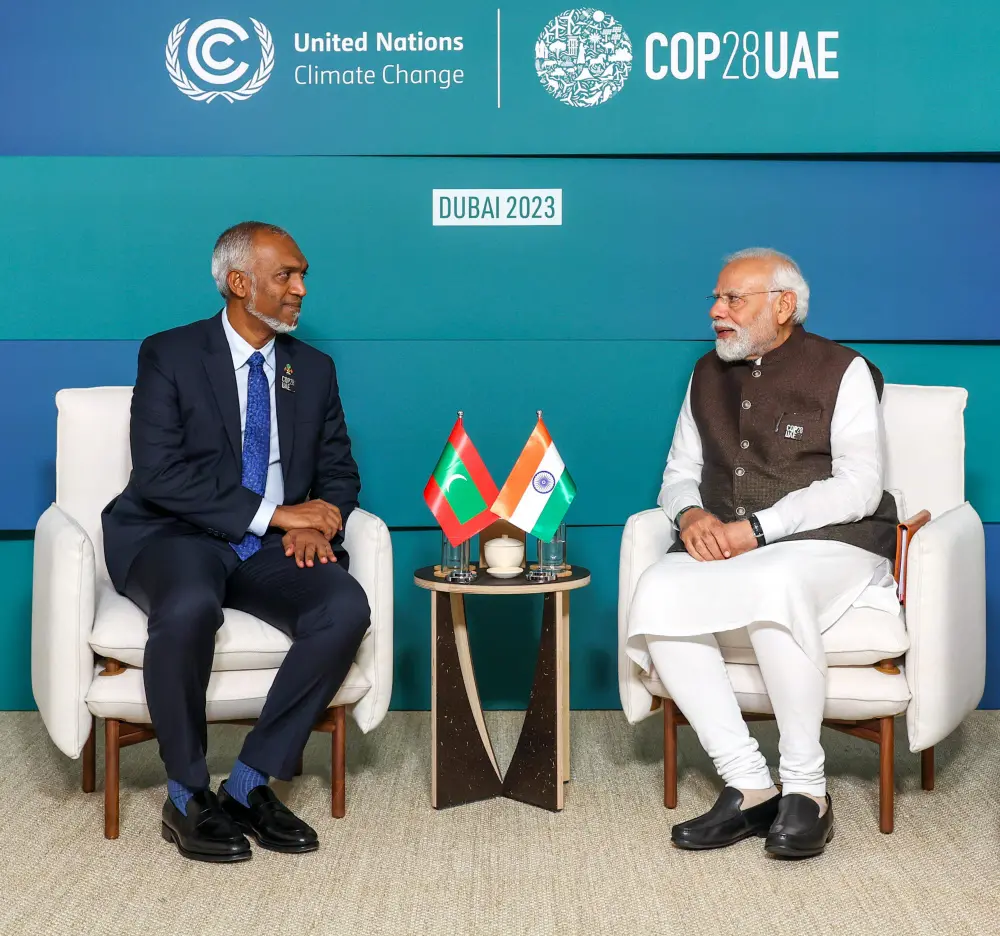 Prime Minister Narendra Modi in a meeting with President of Maldives Mohamed Muizzu during the COP28 | PTI