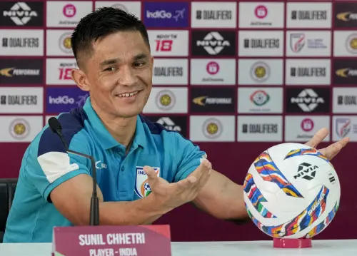 Indian national football team captain Sunil Chhetri addresses the media in Kolkata. l Photo: PTI