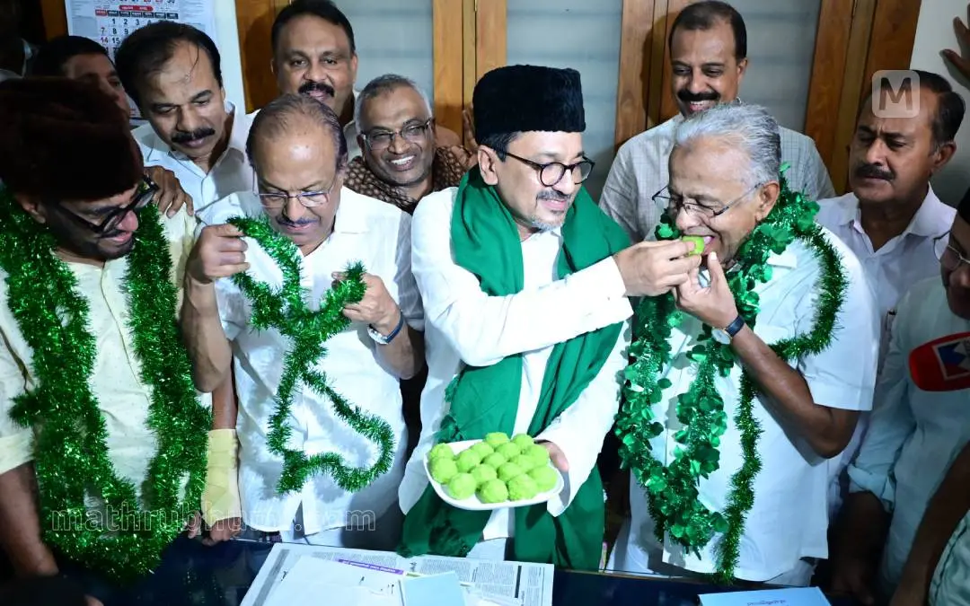 From the victory celebration of IUML candidates ET Mohammed Basheer and MP Abdussamad Samadani. IUML leader P.K Kunhalikutty and state president Panakkad Sadiqali Shihab Thangal are also seen