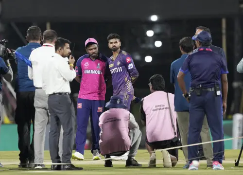 Kolkata Knight Riders' captain Shreyas Iyer and Rajasthan Royals' captain Sanju Samson inspects the pitch after rain delayed the Indian Premier League (IPL) 2024 T20 cricket match between Rajasthan Royals (RR) and Kolkata Knight Riders (KKR), at the ACA Stadium, Barsapara, in Guwahati, on Sunday. l Photo: PTI