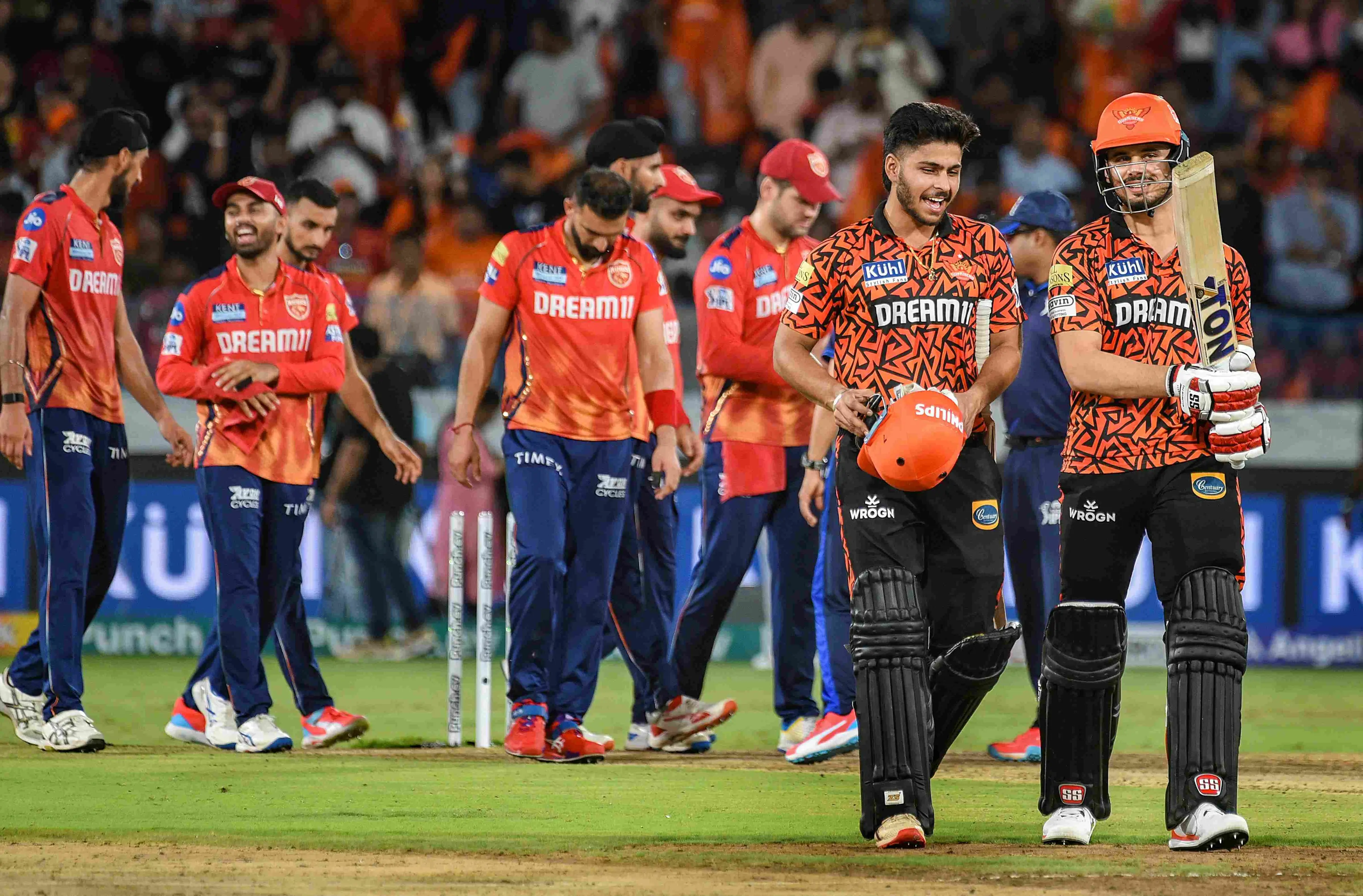 Sunrisers Hyderabad's Abdul Samad and Sanvir Singh after winning match between (SRH) and (PBKS) | Photo: PTI