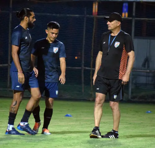 Indian football team captain Sunil Chhetri along with teammate Sandesh Jhingan and Head coach Igor Stimac during a practice session. l File Photo: ANI