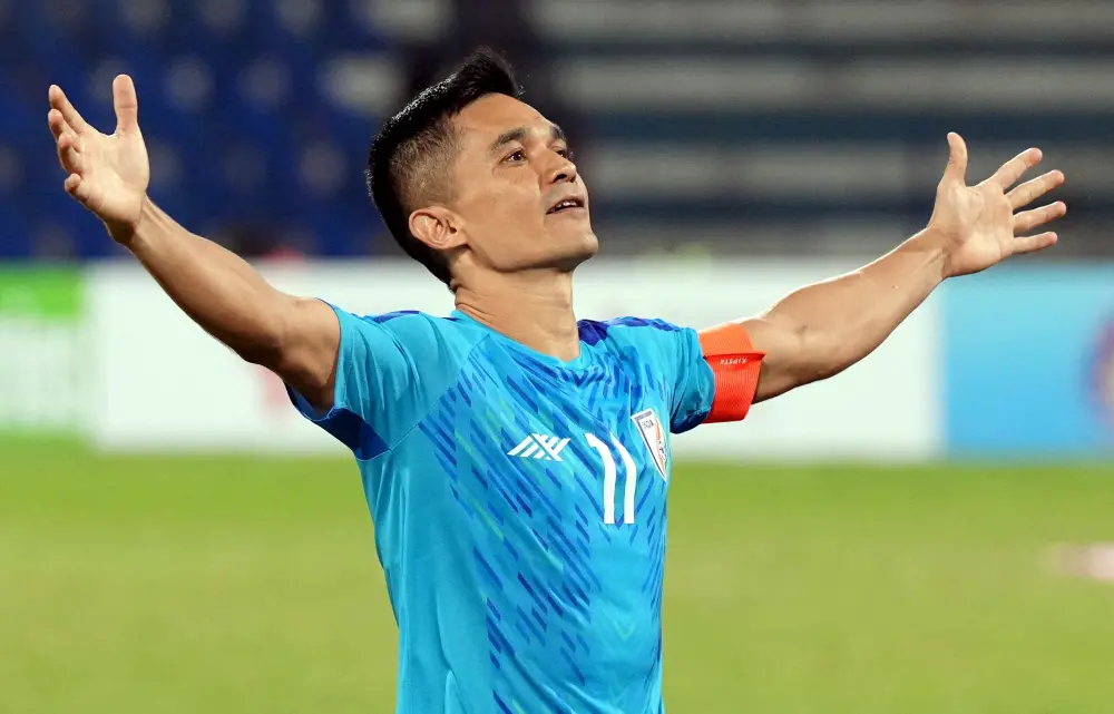 Sunil Chhetri celebrates after they won in penalty shoot out | PTI