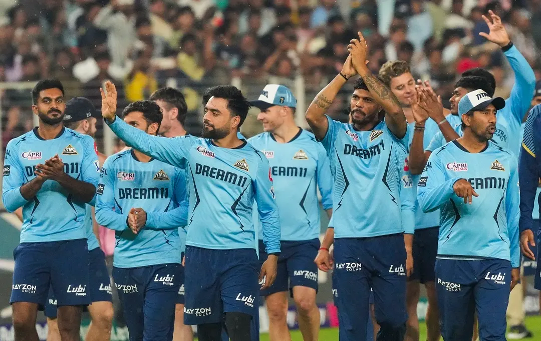 Gujarat Titans players acknowledge fans after the Indian Premier League (IPL) 2024 cricket match between Gujarat Titans and Kolkata Knight Riders was abandoned due to bad weather | Photo: PTI