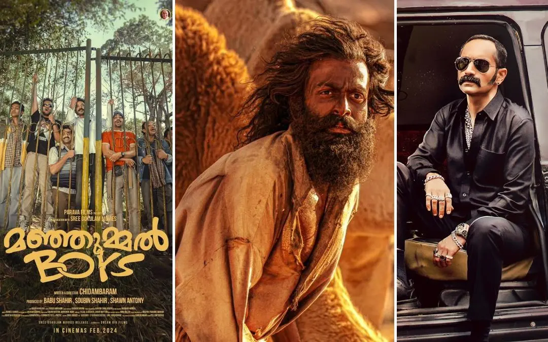 Posters of 'Manjummel Boys', 'Aadujeevitham' and 'Aavesham' | Photo: www.facebook.com/soubinshahirofficial, www.facebook.com/PrithvirajSukumaran, www.facebook.com/FahadhFaasil