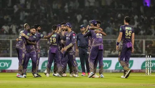 Kolkata Knight Riders' players celebrate after winning the Indian Premier League (IPL) 2024 T20 cricket match between Kolkata Knight Riders and Mumbai Indians, at the Eden Gardens, in Kolkata, on Saturday. l Photo: PTI