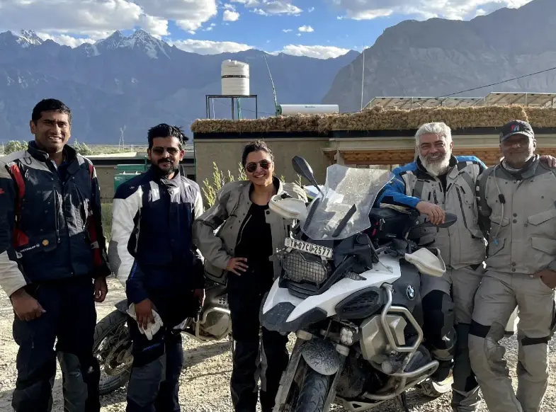Actress Manju Warrier with Tamil actor Ajith and other bike riders during a Himalayan trip