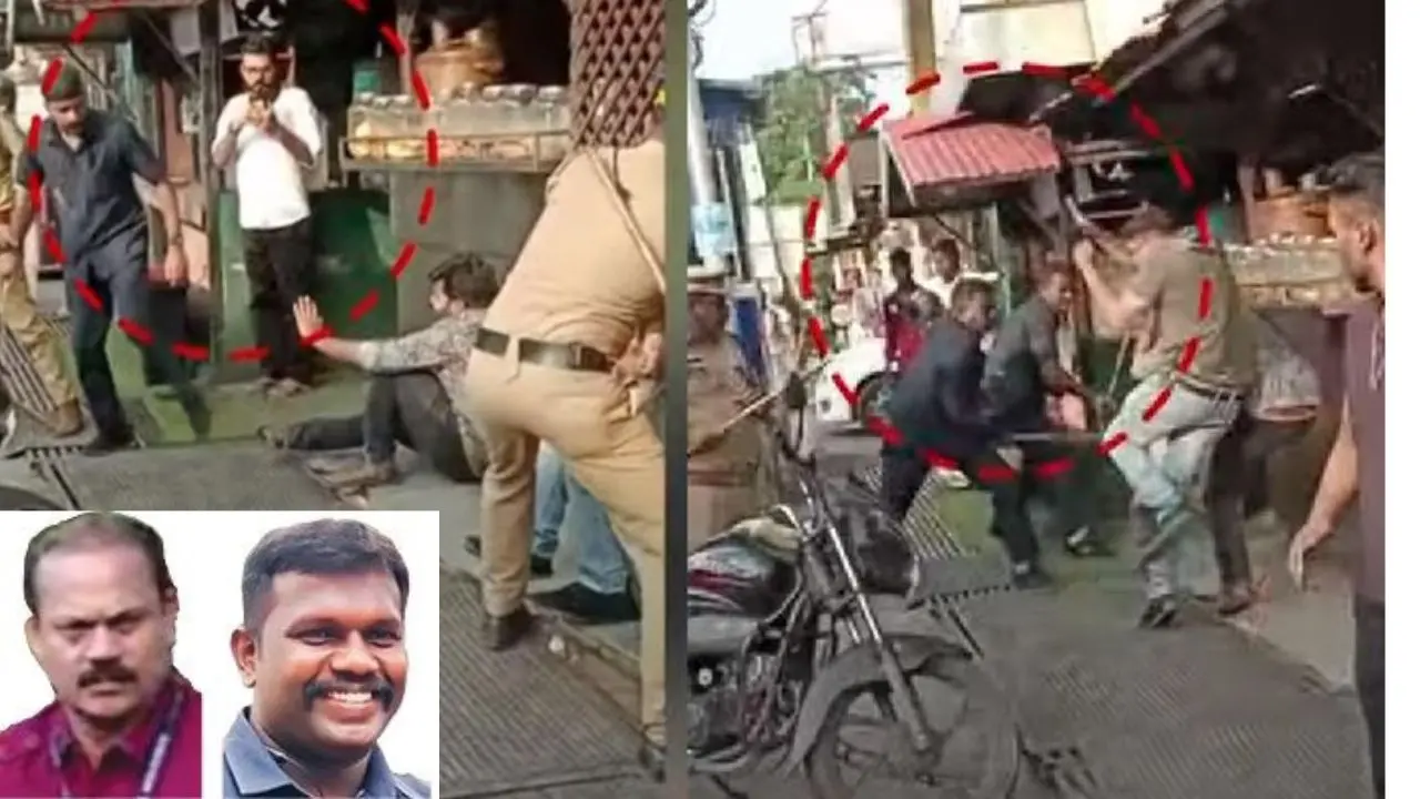 File photo of CM's officials thrashing protesters of Nava Kerala Yatra; Anil Kumar, Sandeep (inset) | Screen grab from Mathrubhumi News