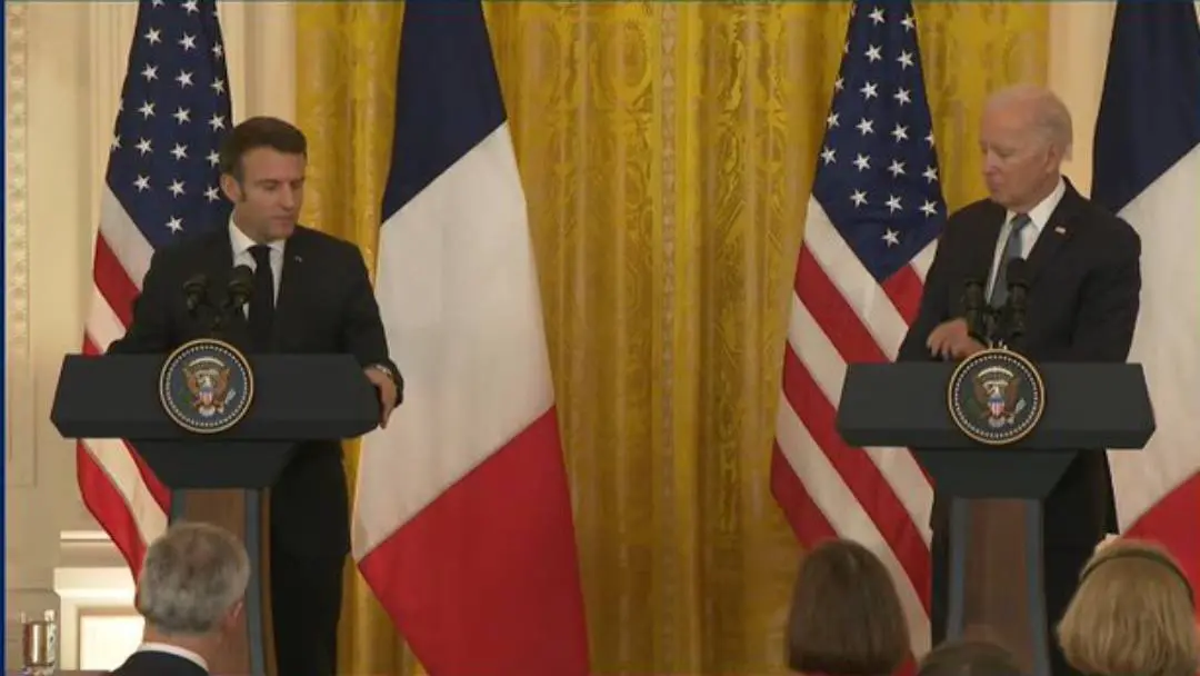 Emmanuel Macron, Joe Biden at joint press conference | Photo: ANI/Twitter