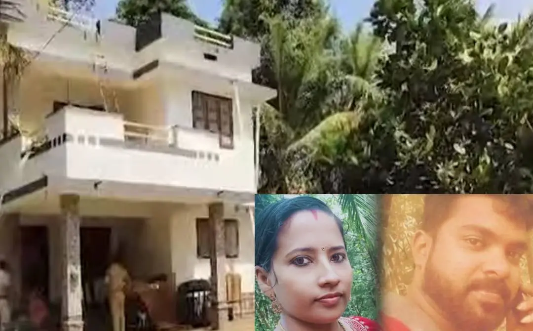 The house where body of Anila was found; Anila and Shiju (inset) | Screengrab: Mathrubhumi News & Special Arrangement