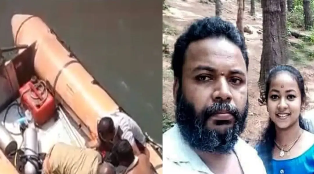Police searching near dam (left), Bineesh and Parvathy (right)