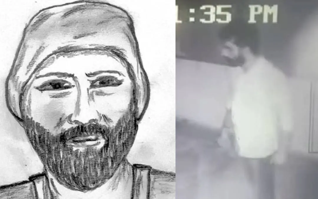 Sketch of the man who attacked woman jogger in museum; screengrab of CCTV visual from the house