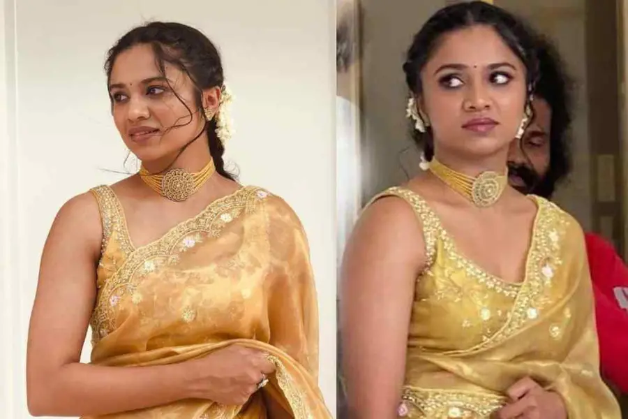 Malavika’s wedding reception: Meenakshi Dileep stuns in golden yellow saree, shares pics
