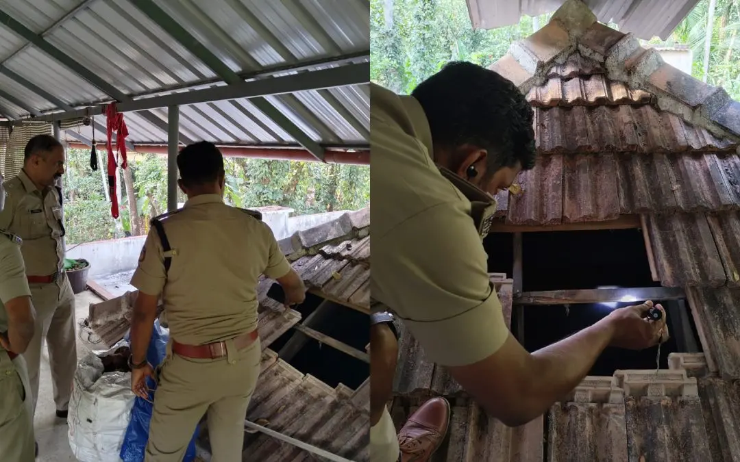 മോഷണം നടന്ന വീടിന്റെ മുകളില് ഡിവൈ.എസ്.പി. ഇമ്മാനുവല് പോളിന്റെ നേതൃത്വത്തിലുള്ള സംഘം പരിശോധന നടത്തുന്നു | Photo: Special Arrangement