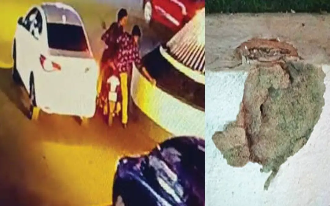 The CCTV visuals of the youth lighting fire cracker (Left), the destroyed traffic circle (Right)