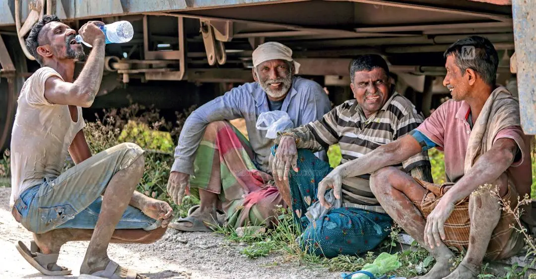 ഐക്യം തണലാണ്... കൊല്ലം റെയിൽവേ യാഡിലെത്തിയ ചരക്കുതീവണ്ടിയിൽനിന്ന് സിമന്റ് ചാക്കുകൾ ട്രക്കിലേക്കു കയറ്റിയതിനുശേഷം വാഗണിന്റെ സമീപം വിശ്രമിക്കുന്ന തൊഴിലാളികൾ.|ഫോട്ടോ: സി.ആർ.ഗിരീഷ്കുമാർ