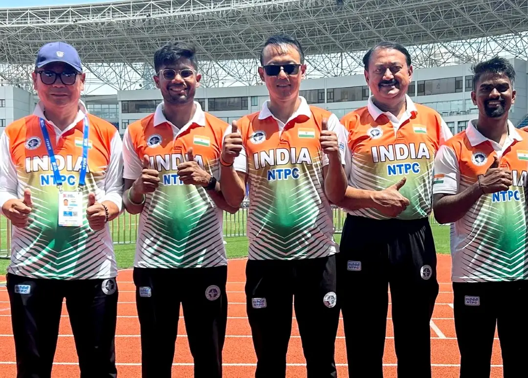 Men's recurve archery team members Dhiraj Bommadevara (2nd from left), Tarundeep Rai (third from left) and Pravin Jadhav (extreme right) after reaching final of Archery World Cup Stage 1, in Shanghai | Photo: PTI