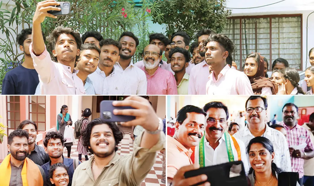 എൽ.ഡി.എഫ്. സ്ഥാനാർഥി തോമസ് ഐസക്കിനും എൻ.ഡി.എ. സ്ഥാനാർഥി അനിൽ ആന്റണിയ്ക്കും യു.ഡി.എഫ്. സ്ഥാനാർഥി ആന്റോ ആന്റണിയ്ക്കുമൊപ്പം സെൽഫിയെടുക്കുന്ന പത്തനംതിട്ട മണ്ഡലത്തിലെ യുവാക്കൾ