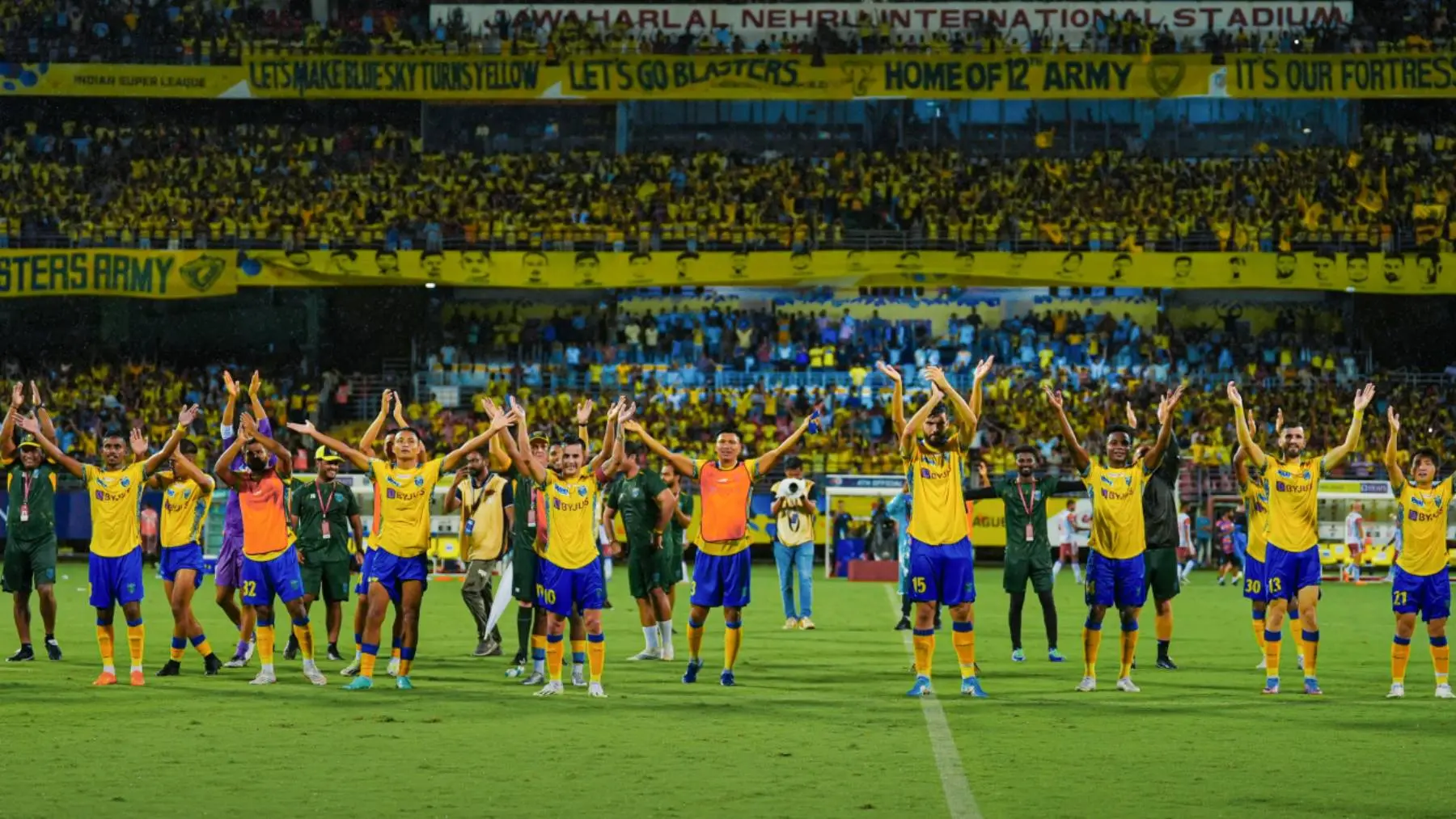 Kerala Blasters FC greeting the crowd in Kochi after their opening match against Bengaluru FC in this year's ISL. Photo: X