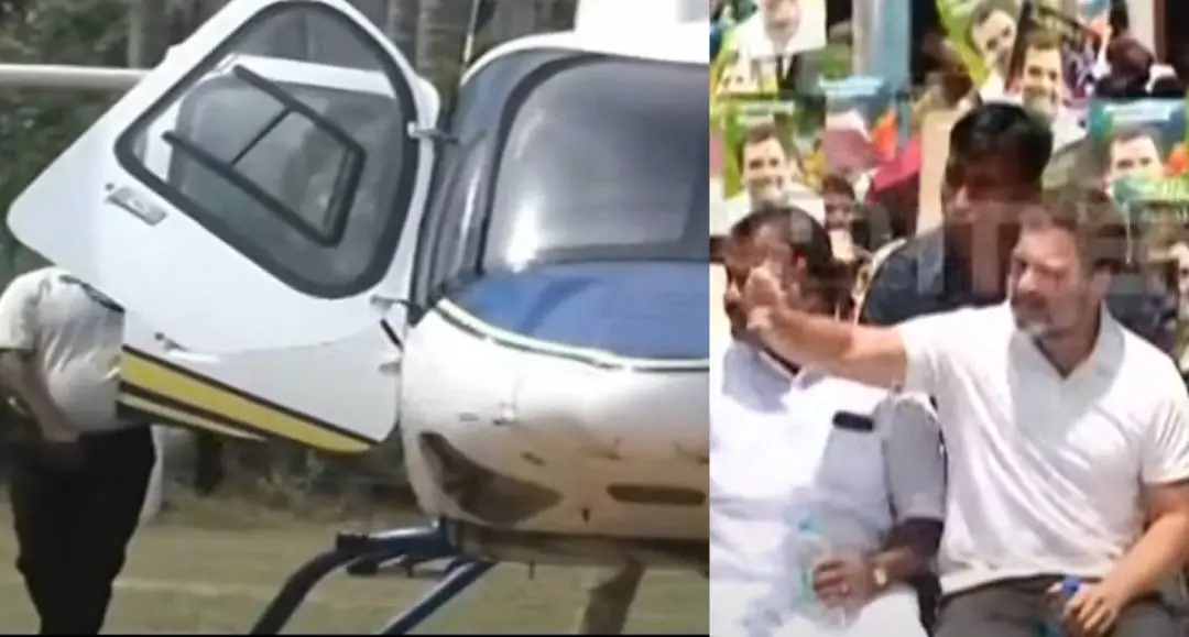 ഹെലികോപ്റ്ററിൽ പരിശോധന നടത്തുന്നു, രാഹുലിന്റെ റോഡ് ഷോ | Photo: x, screengrab/ Mathrubhumi News