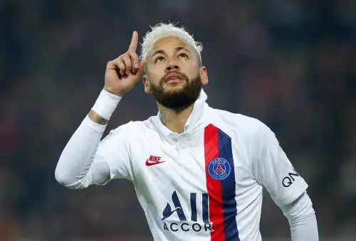 PSG's Neymar celebrates after scoring his side's second goal during the French League One soccer match between Lille and PSG at the Lille Metropole stadium, in Villeneuve d'Ascq, northern France, Jan. 26, 2020. Neymar is set to complete a move to the Saudi Pro League after Al Hilal agreed a reported 90 million euros ($98 million) transfer fee with Paris Saint-Germain on Monday Aug. 14, 2023. (AP Photo/Michel Spingler, File)