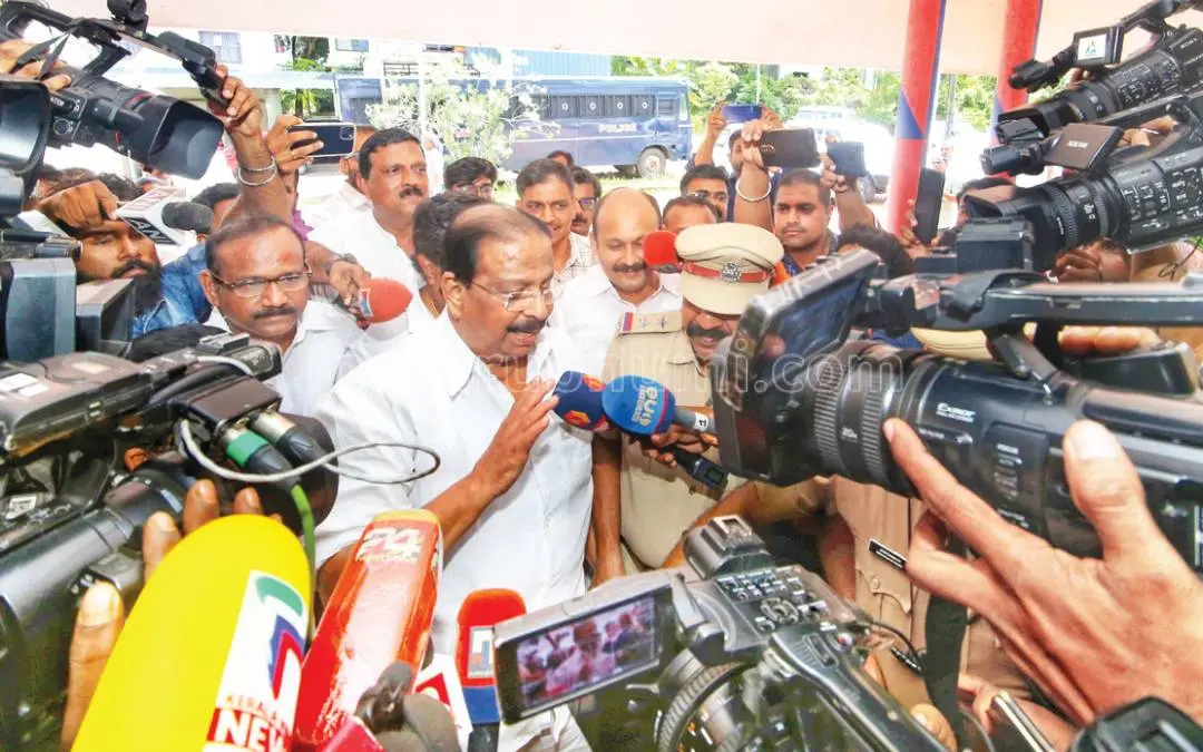K Sudhakaran talking to the media after appearing for interrogation at the Kochi ED office on Monday. Photo: MBI
