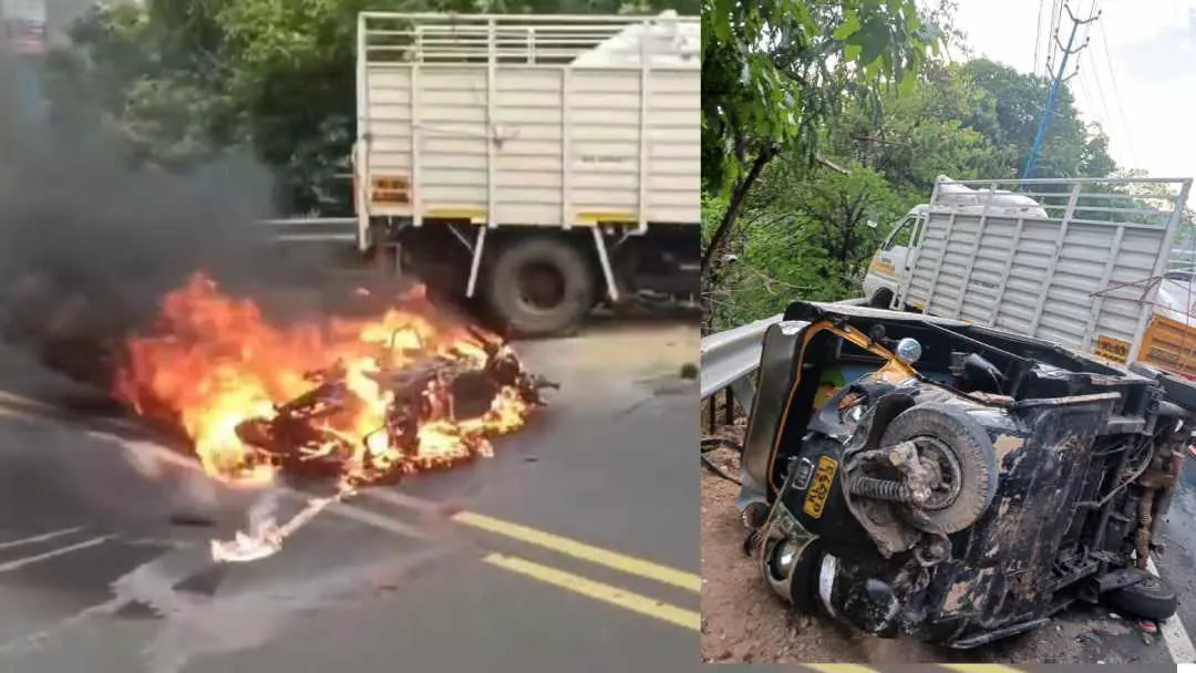 Bike burning after the crash, auto rickshaw which hit the van | Photo: Mathrubhumi
