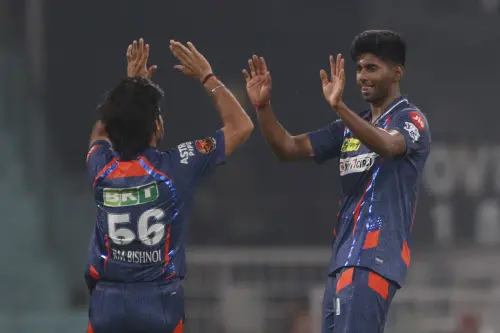 Lucknow Super Giants' Mayank Yadav, right, celebrates the dismissal of Punjab Kings' Jitesh Sharma during the Indian Premier League cricket match between Lucknow Super Giants and Punjab Kings in Lucknow on Saturday. l Photo: AFP