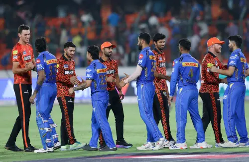 Players exchange hands shakes after the match between Sunrisers Hyderabad and Mumbai Indians in the Indian Premier League (IPL) 2024, at the Rajiv Gandhi International Stadium in Hyderabad. (ANI Photo)