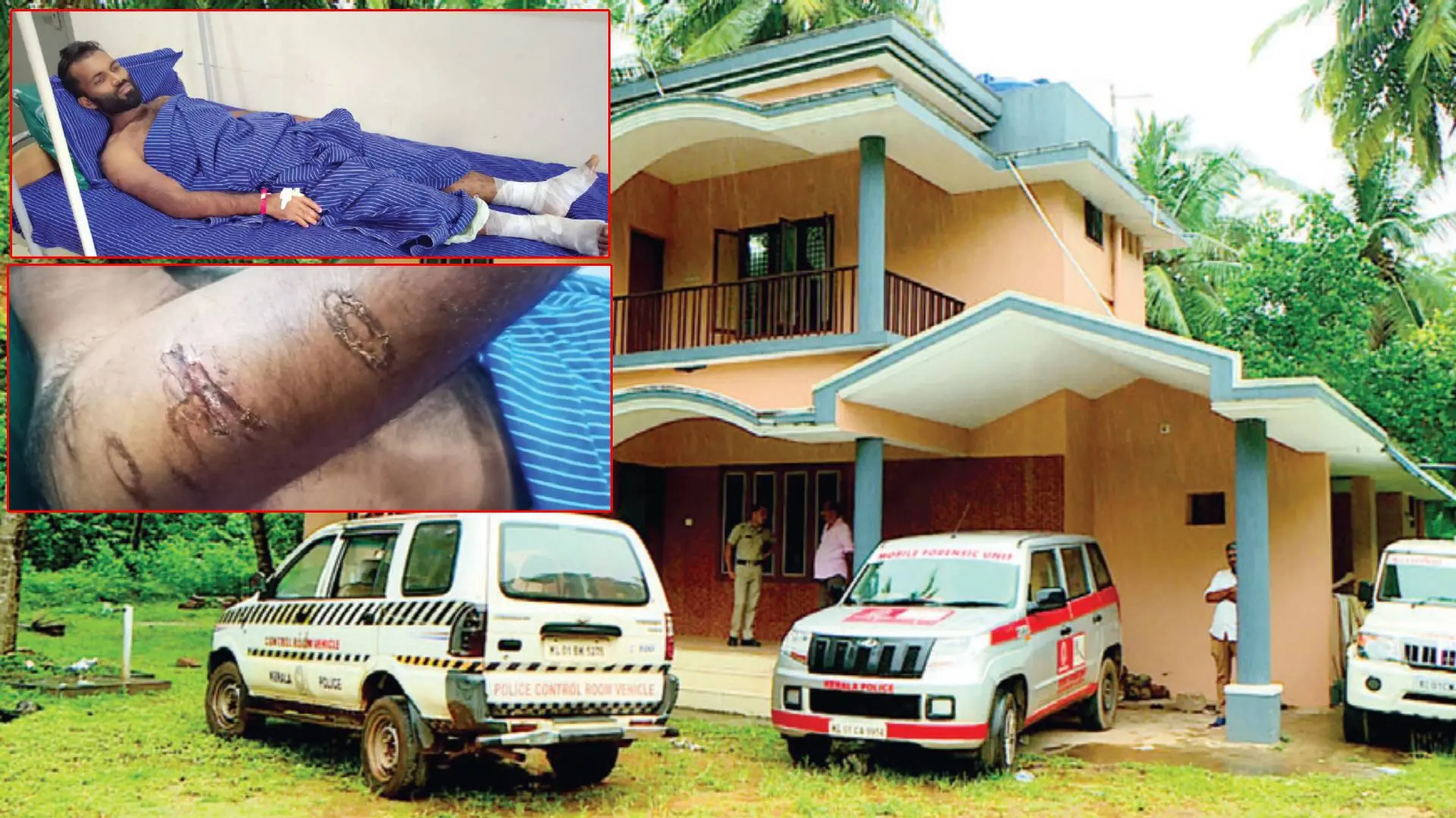 Police at the house where the accused stayed, Ansari at hospital (top left), Injuries on Ansari's body